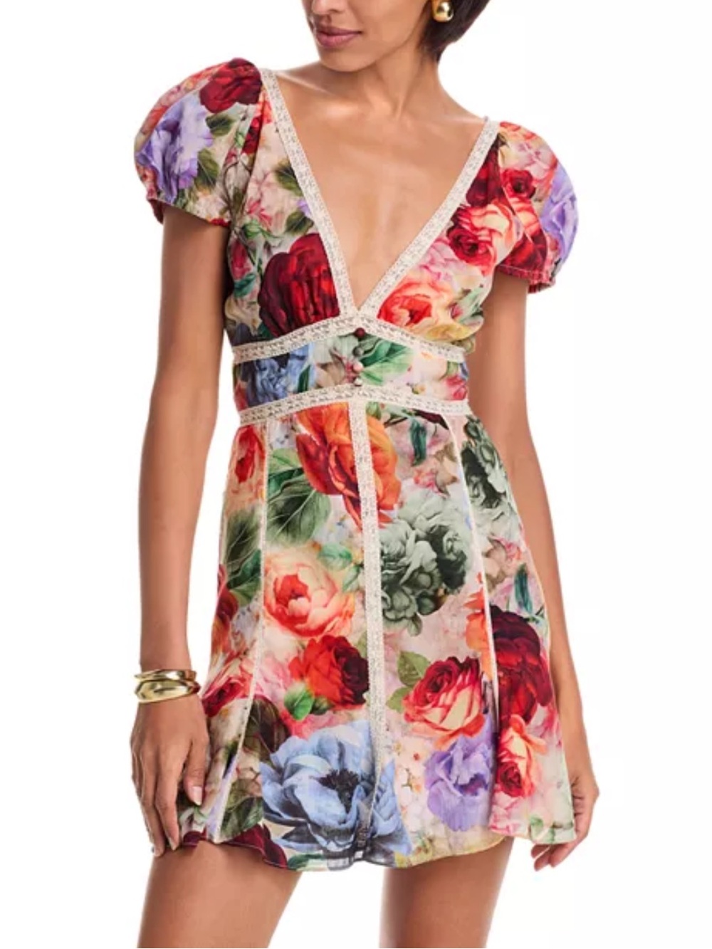 Alice + Olivia Multicolor Floral V-Neck Puff Sleeve Mini Dress